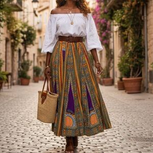 SAISH 100%Cotton Bohemian A-Line Skirt in Purple and Orange